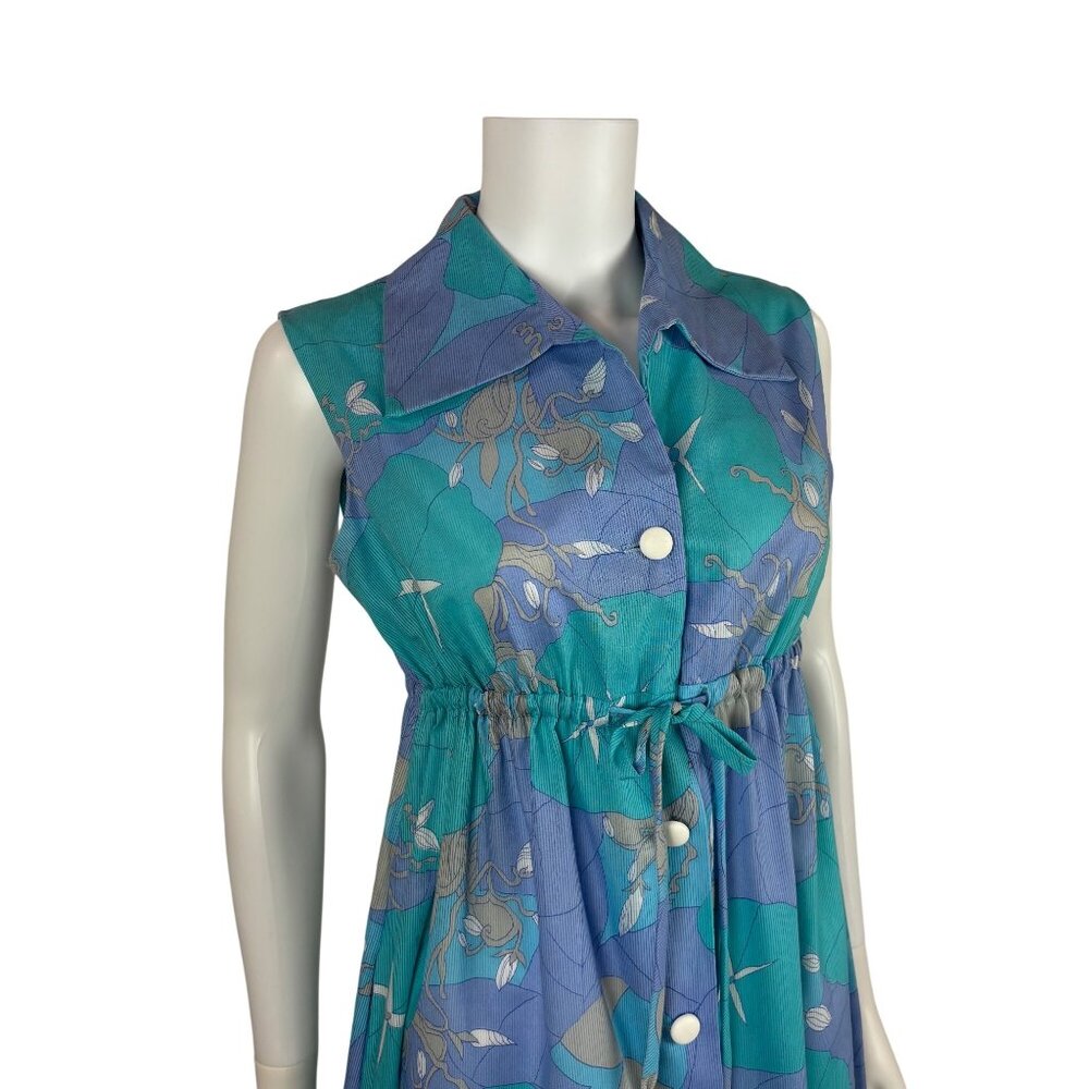 Vintage 70s Maxi Dress Womens Medium Trippy Aqua Lavender Tropical Empire Waist - Picture 6 of 13